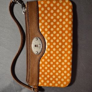 Fossil Orange and Brown Polka Dot Wristlet